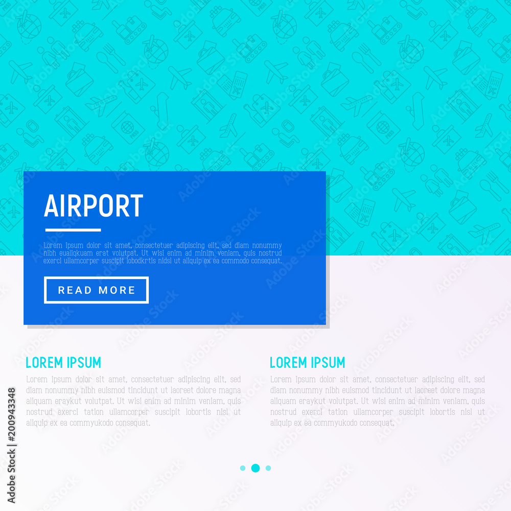 Airport concept with thin line icons: check-in counter, gates, boarding pass, escalator, toilet, food court, baggage claim, wrapping service, duty free, departures, arrivals. Vector illustration.