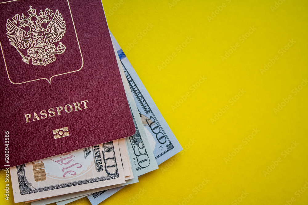 dollars in red passport on yellow texture background dollars in red passport on yellow texture background