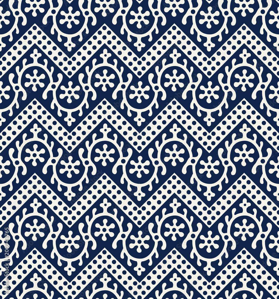 Fototapeta Woodblock printed indigo dye seamless ethnic floral geometric pattern. Traditional oriental ornament of India Kashmir, loach with chevron motif, navy blue on ecru background. Textile design.