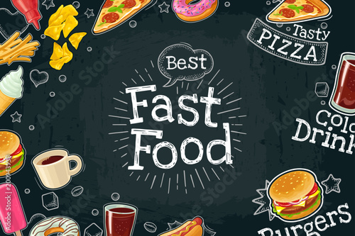 Poster fast food. Vector color flat illustration on dark background