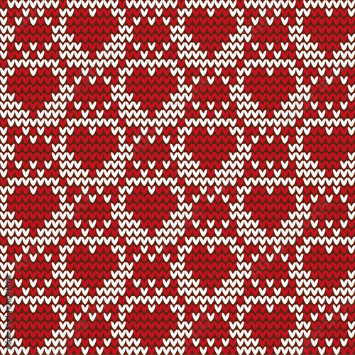 Red knitted background with hearts. Vector illustration.