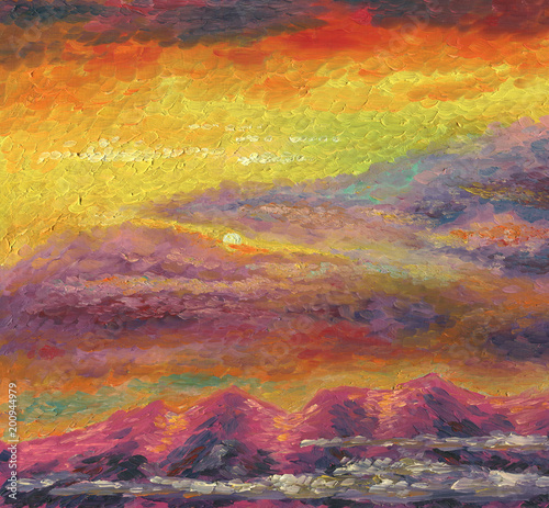 Oil painting. Sunset over the mountains. The sun and colorful clouds over the ridge. The sun and the glow in the sky. Rough big brush stroke texture.