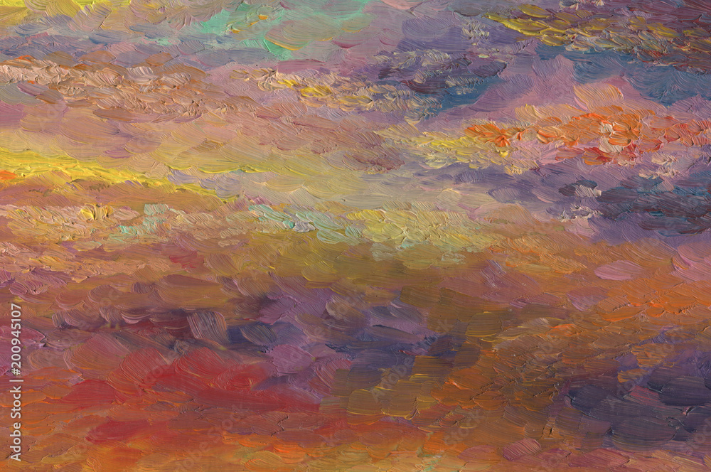 Oil painting background. Colorful sunset clouds. The glow in the sky. Rough big brush stroke texture.