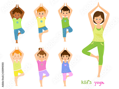 Children do yoga with a yoga instructor.Isolated on white background. Vector illusrtation