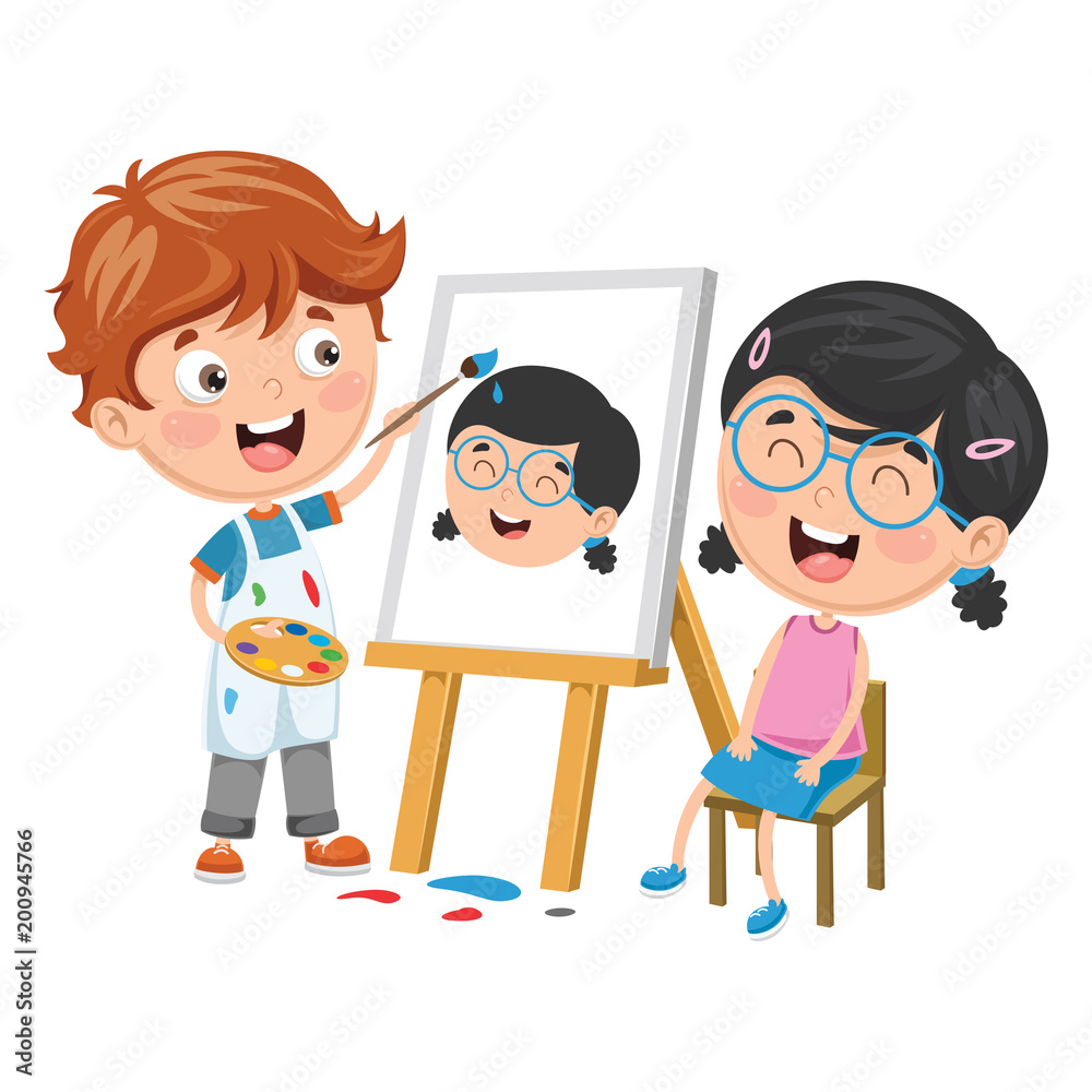 Vector Illustration Of Kid Painting His Friend On Canvas Vector Illustration Of Kid Painting His Friend On Canvas