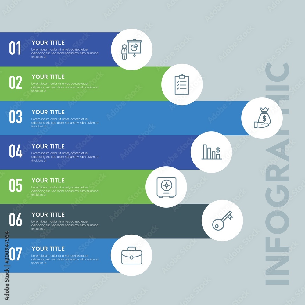 Flat business infographic steps template with 7 options for presentations, advertising, annual reports. Flat business infographic steps template with 7 options for presentations, advertising, annual reports.