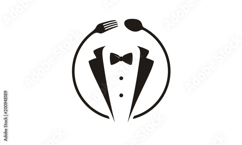 Bow Tie Gentleman Tuxedo Suit Knife Spoon Fork Dinner Restaurant Waiter or Butler logo design