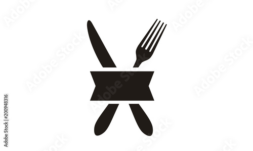 Knife Fork Spoon Ribbon Restaurant Dinner Dish Menu logo design inspiration