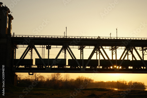  sun, sunset, bridge, river, shore, growth, orange, industry, wagons,spring