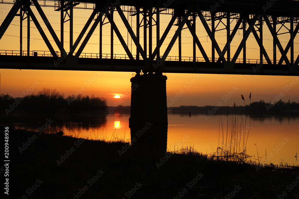  sun, sunset, bridge, river, shore, growth, orange, industry, wagons,spring
