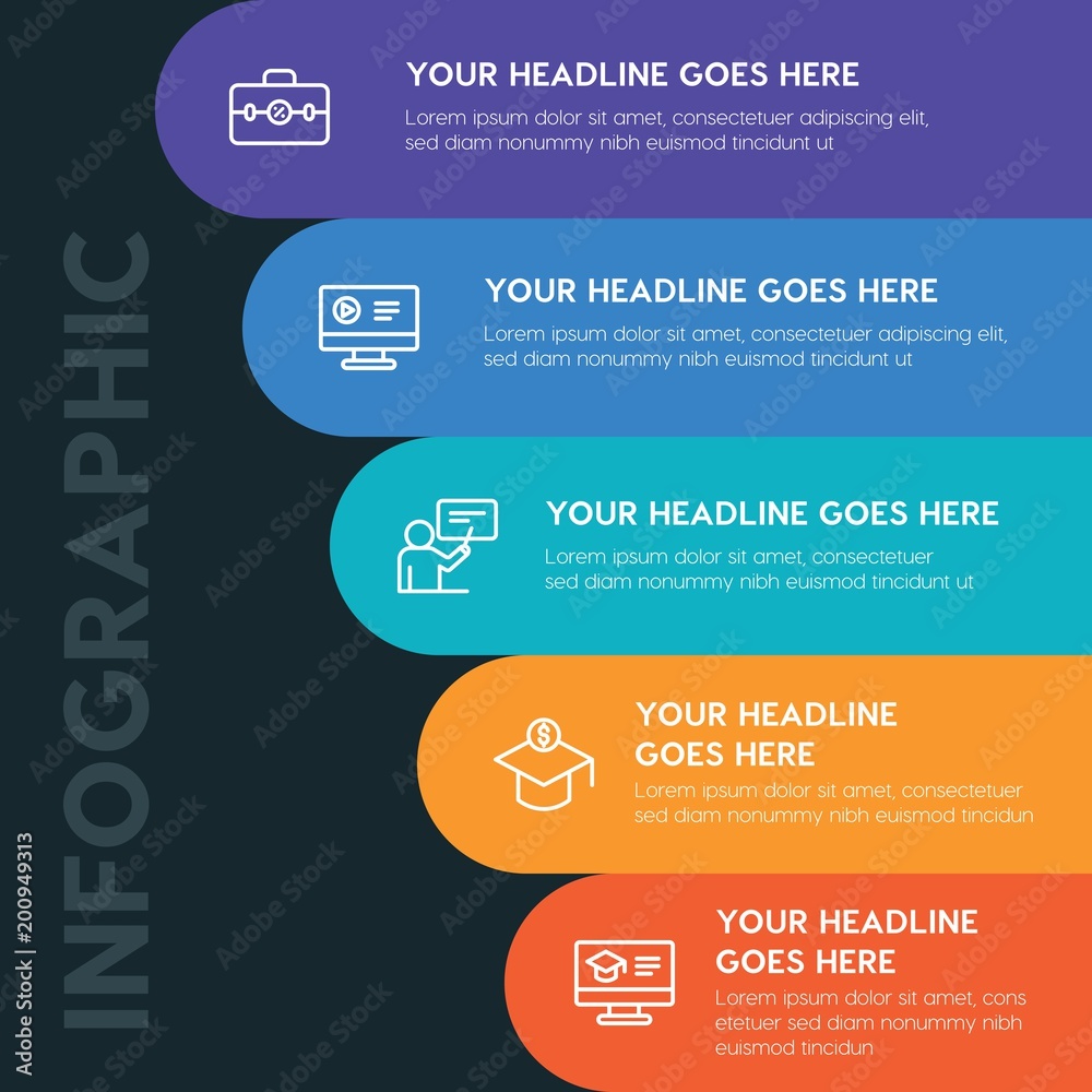 Flat education infographic steps template with 5 options for presentations, advertising, annual reports... Flat education infographic steps template with 5 options for presentations, advertising, annual reports...