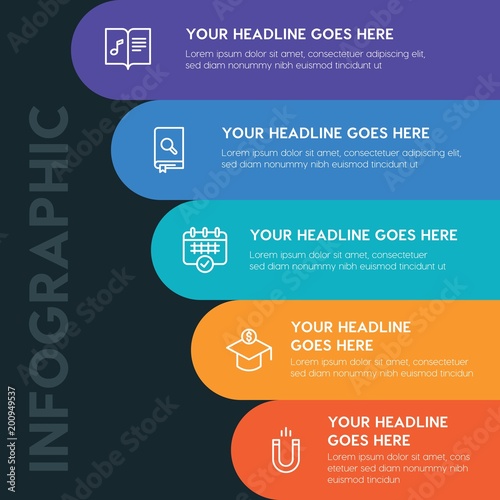 Flat education infographic steps template with 5 options for presentations, advertising, annual reports...