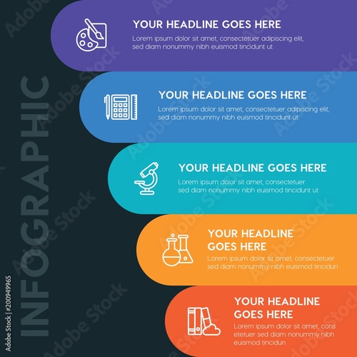 Flat education infographic steps template with 5 options for presentations, advertising, annual reports...