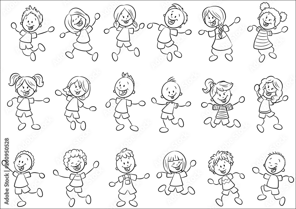Fototapeta 18 Różnych Cute Stick Figure Kids - Vector Illustration