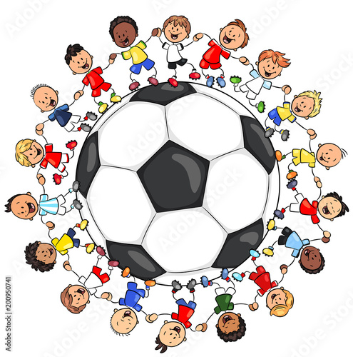 Kinder in Fußballtrikots vereint um Fußball - Vektor Illustration