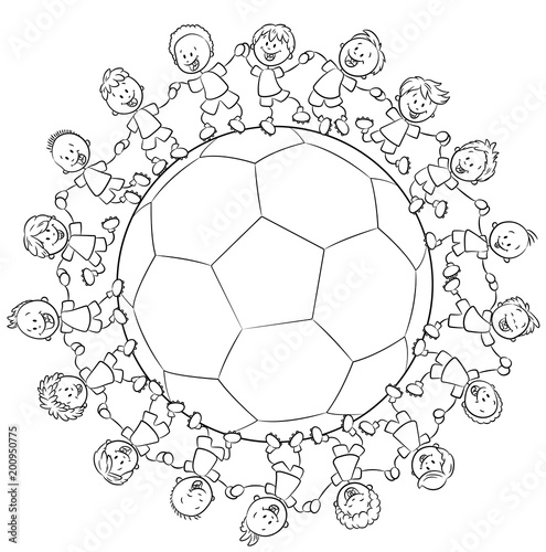 Kinder in Fu  balltrikots vereint um Fu  ball - Vektor Illustration