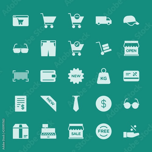 Modern Simple Set of clothes, shopping Vector fill Icons. ..Contains such Icons as discount, cargo, wallet, woman, symbol, cap, dollar and more on green background. Fully Editable. Pixel Perfect.
