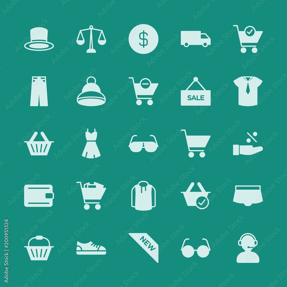 Modern Simple Set of clothes, shopping Vector fill Icons. ..Contains such Icons as  delivery,  one,  circle,  law,  badge, usd,  isolated and more on green background. Fully Editable. Pixel Perfect.