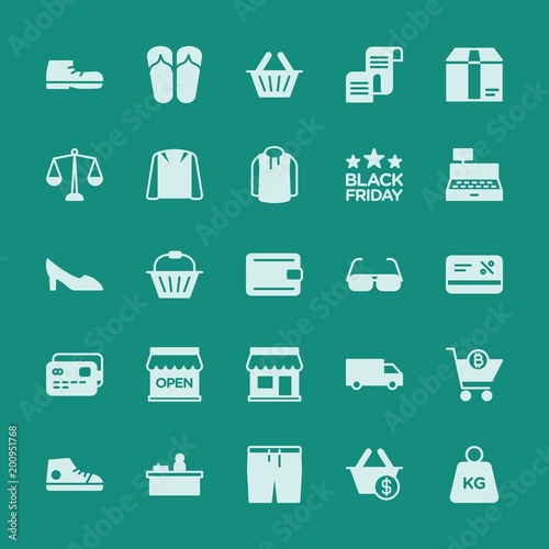 Modern Simple Set of clothes, shopping Vector fill Icons. ..Contains such Icons as  shop,  check,  shoes,  wear,  bank,  counter, clothing and more on green background. Fully Editable. Pixel Perfect.