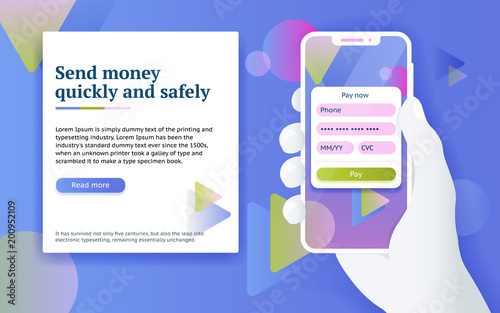 Online payment via internet services. Mobile payment application. Man with phone in hand. Design concept from web banner and advertising. Online money transfer concept in flat style. Vector image