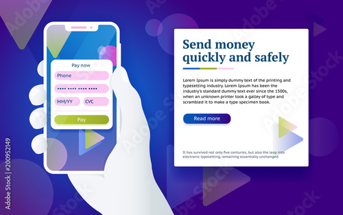 Credit card payment app. Money transfer design concept. Pay by smartphone. Man with phone in hand. Online payment via internet services. Design concept from web banner and advertising. Vector image