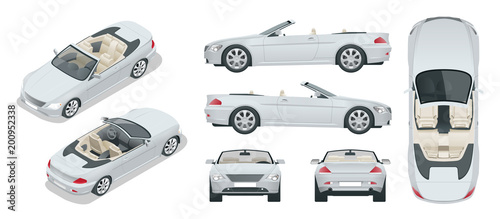 Transfer, Cabriolet car. Cabrio coupe vehicle template vector isolated on white. View front, rear, side, top, isometric. All elements in groups