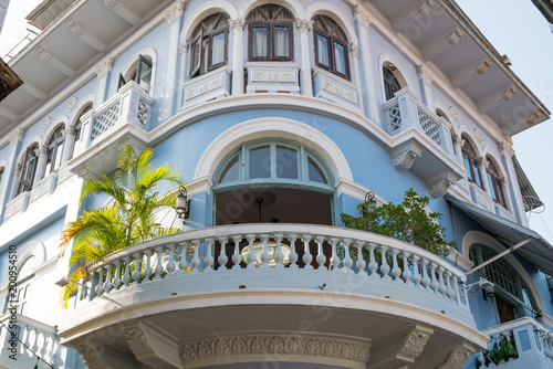 balcony on beautiful facade, historic building exterior in old town - Casco Viejo, Panama City 