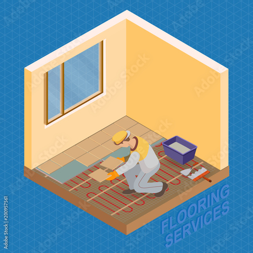 Isometric interior repairs concept. The Repairer is laying tile.
