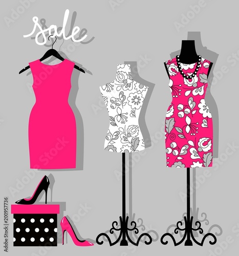 illustration of a dress on a mannequin, shoes and gift wrapping. mannequin with fashion women summer clothing. Fashion boutique for design fashion