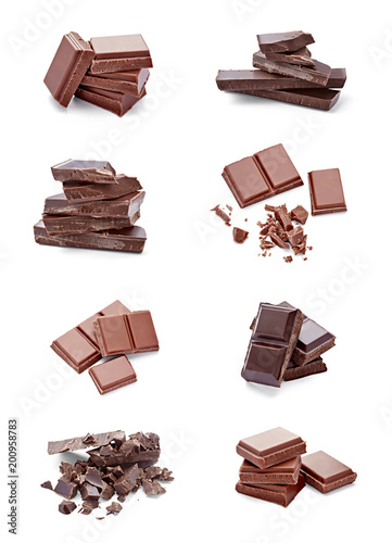 close up of chocolate pieces on white background