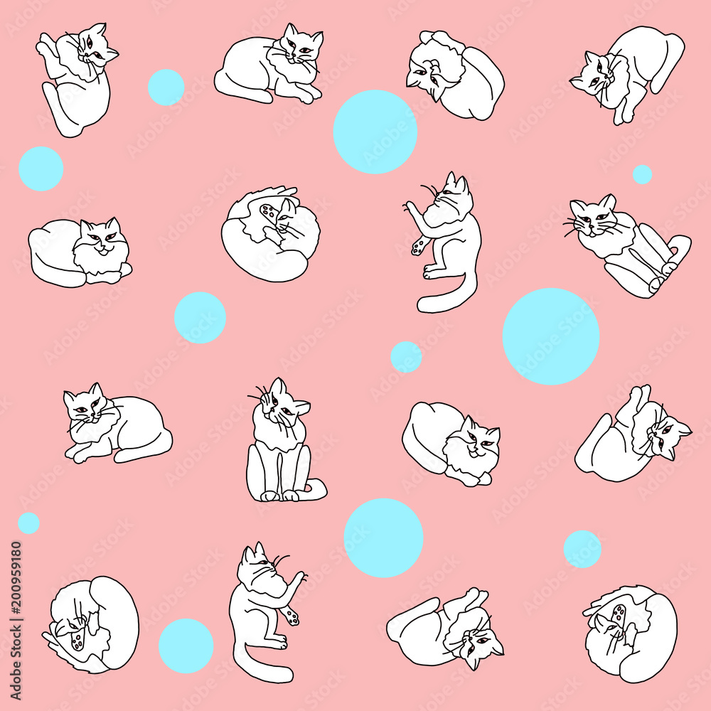 Hand drawing cat. Seamless pattern. Hand drawn cat with abstract patterns on isolated background. Art creative