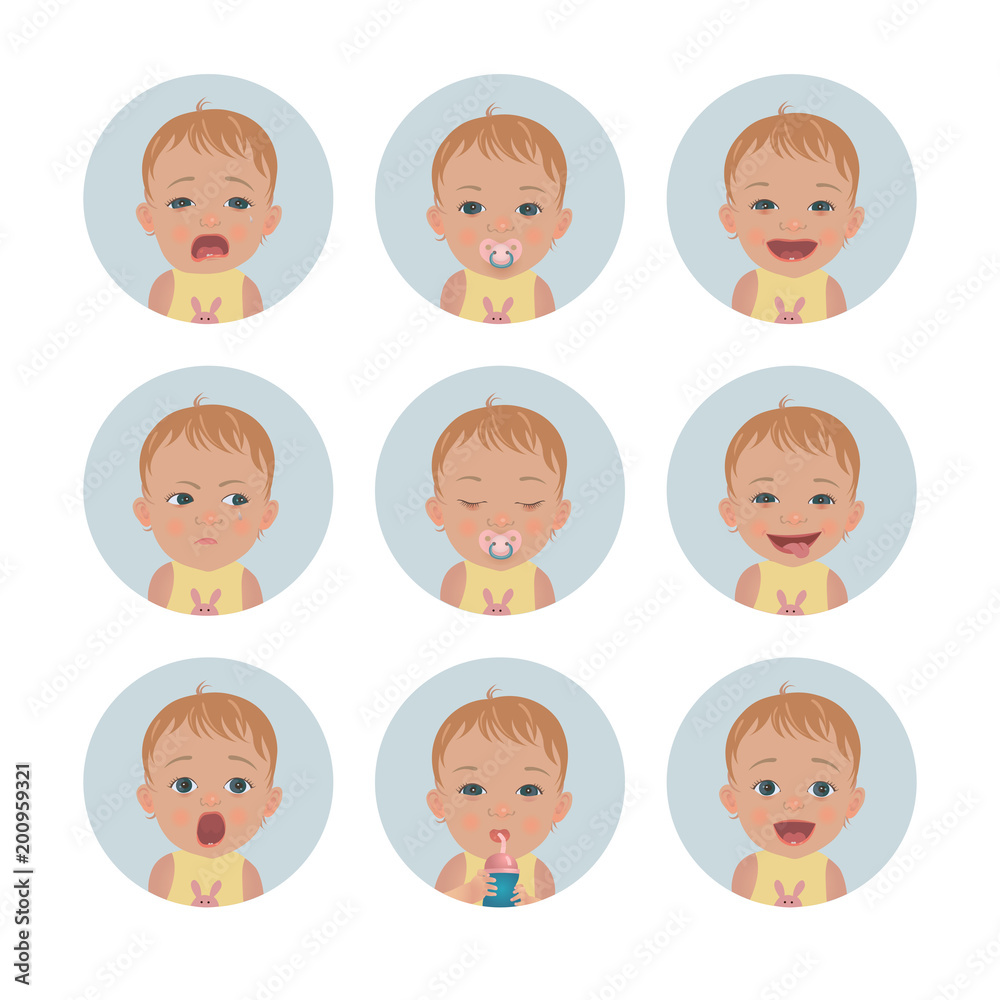 Baby avatars. Child emotions. Set of toddler facial expressions. Cartoon style characters. Baby avatars. Child emotions. Set of toddler facial expressions. Cartoon style characters.