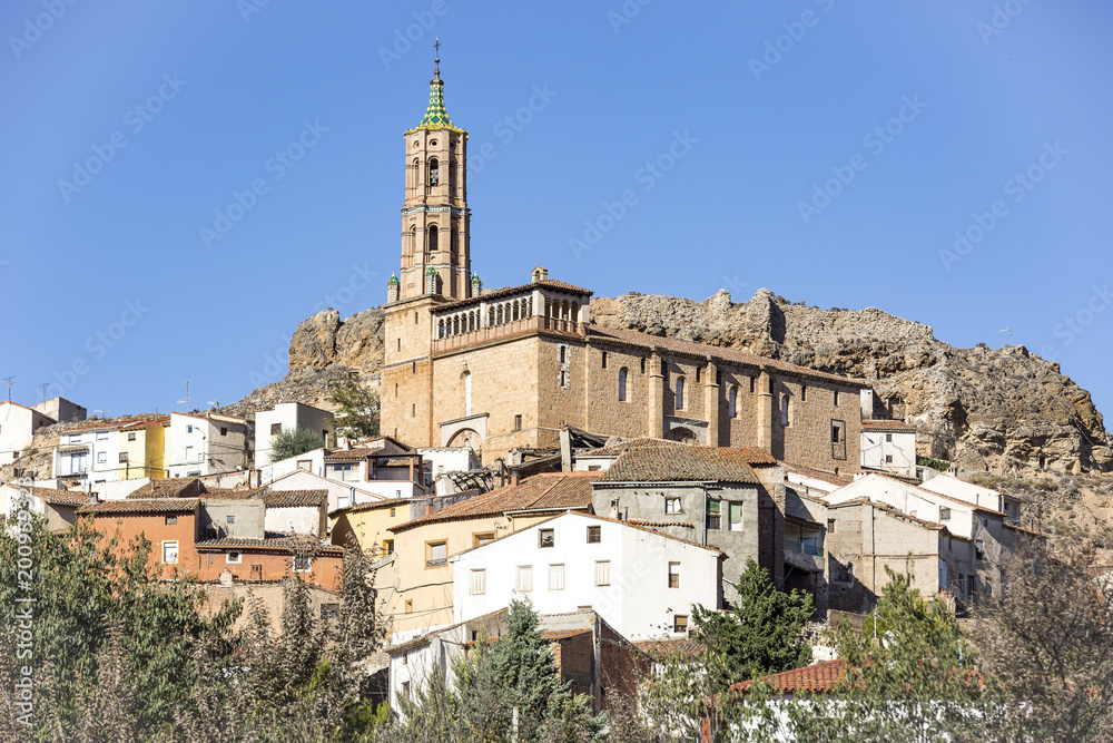 view of Fuentes de Jiloca town and our Lady of assumption parish church, province of Zaragoza, Aragon, Spain