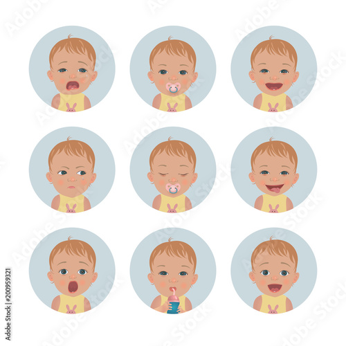  Baby avatars. Child emotions. Set of toddler facial expressions. Cartoon style characters.
