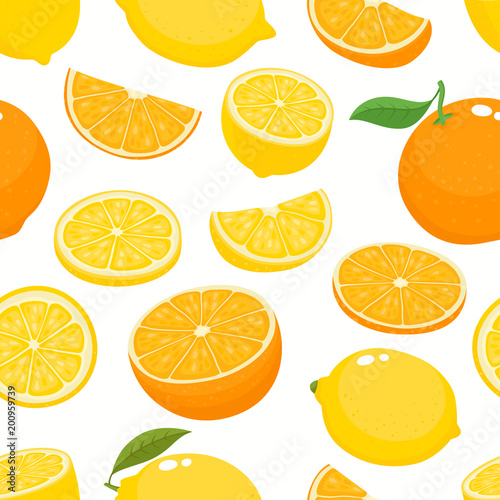 Vector seamless pattern with lemons and oranges isolated on white.