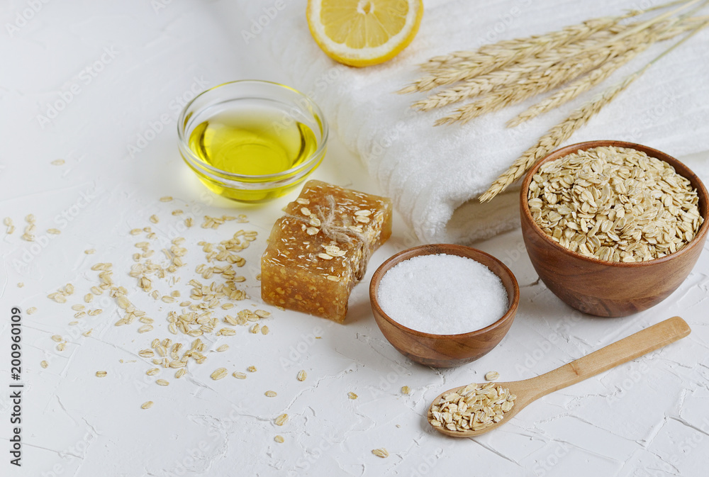 Natural Ingredients for Homemade Oatmeal Body Face Scrub Soap Beauty Concept Organic Eco Healthy Lifestyle Natural Ingredients for Homemade Oatmeal Body Face Scrub Soap Beauty Concept Organic Eco Healthy Lifestyle