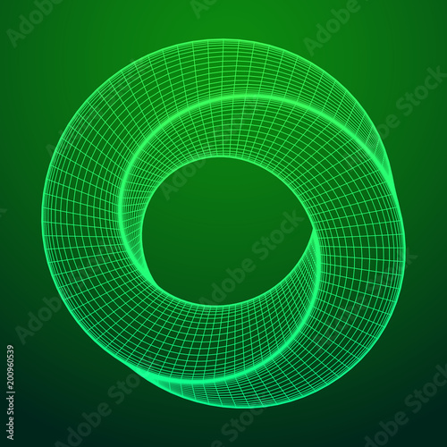 Mobius strip ring sacred geometry. Spatial figure with upturned surfaces. Optical illusion with dual circular contour. Wireframe low poly mesh vector illustration.