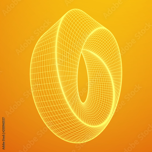 Mobius strip ring sacred geometry. Spatial figure with upturned surfaces. Optical illusion with dual circular contour. Wireframe low poly mesh vector illustration.