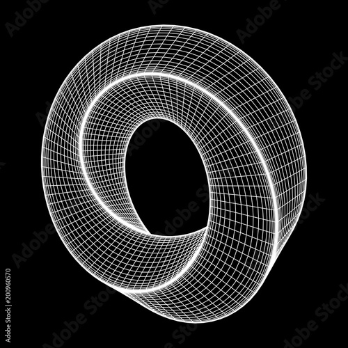 Mobius strip ring sacred geometry. Spatial figure with upturned surfaces. Optical illusion with dual circular contour. Wireframe low poly mesh vector illustration.