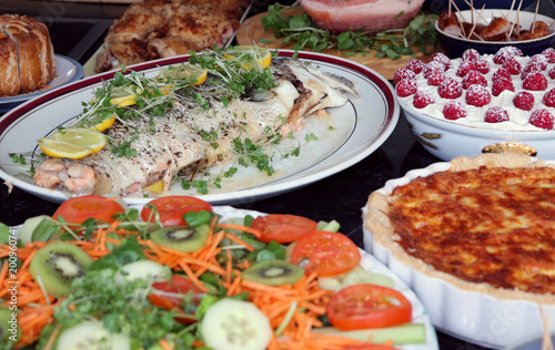 Easter Sunday Buffet Food Spread (Fresh Salmon, Quiche, Salad, Raspberry Dessert) 