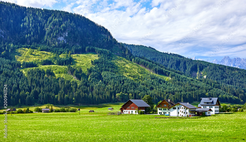 Traditional village among Austrian meadows, fields and Alpine
