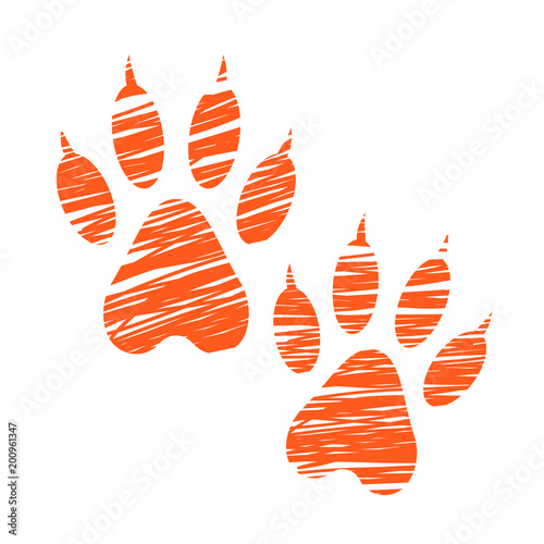 Sketched dog footprints, stylized scratched dog paws, hatched animal steps, trials and traces