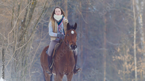 Foto Equestrian sport - rider woman on horse walking in snowy outdoor