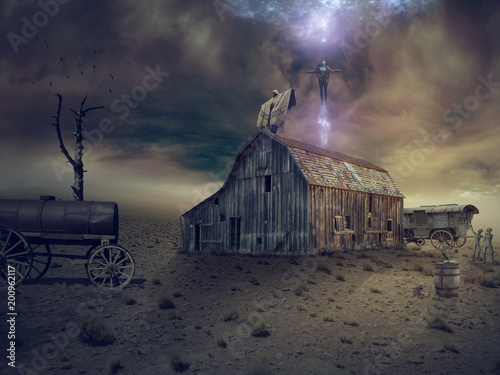 Fantasy manipulation - a mystical ritual on the roof of an old barn