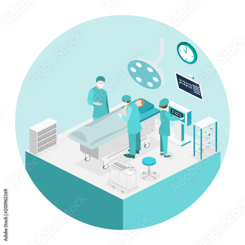 Isometric flat 3D interior of Surgery Department. Hospital Plastic Surgery