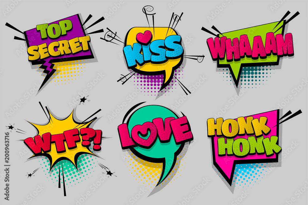 Whaam WTF kiss love pop set hand drawn pictures effects template comics speech bubble halftone dot background pop art style. Comic dialog cloud. Idea conversation sketch explosion.