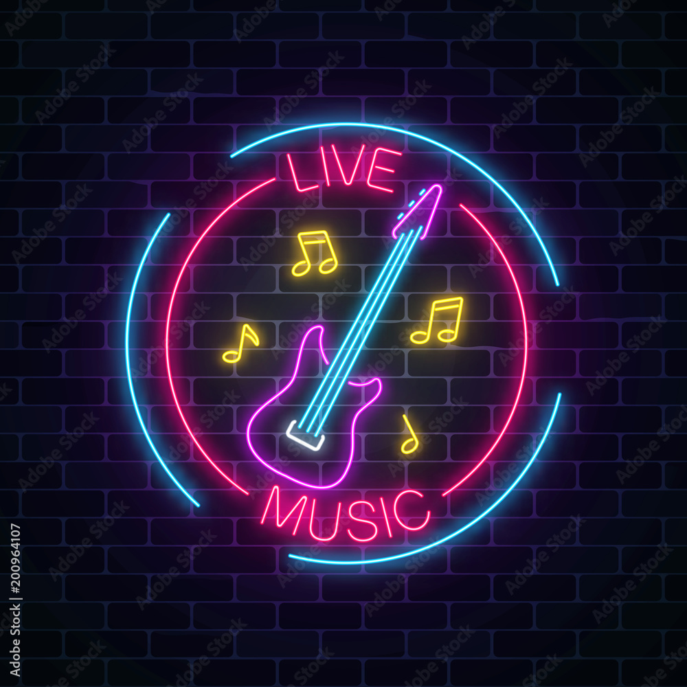 Neon Sign Of Bar With Live Music On A Brick Wall Background neon-sign-of-bar-with-live-music-on-a-brick-wall-background