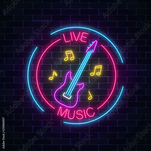 Neon sign of bar with live music on a brick wall background. Advertising glowing signboard of sound cafe