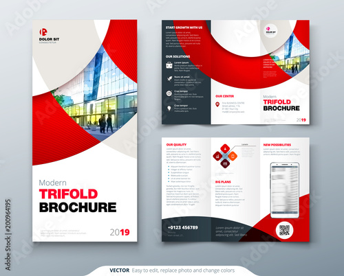 Tri fold brochure design with circle, corporate business template for tri fold flyer. Layout with modern photo and abstract circle background. Creative concept folded flyer or brochure.