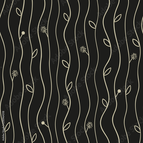 Seamless retro styled beige leaves vector wallpaper pattern on black background